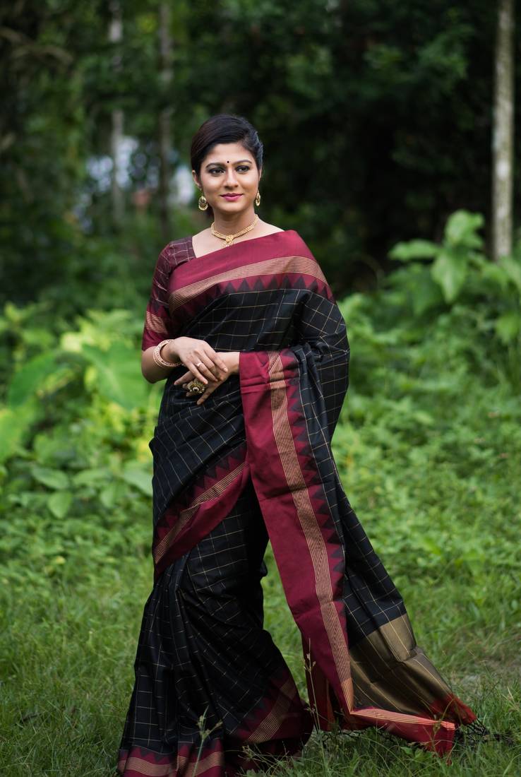 Black checks zari woven raw silk designer saree with blouse