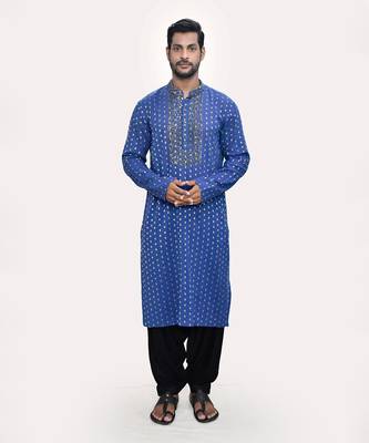 Blue golden & silver cutdana cotton brocade kurta set 1