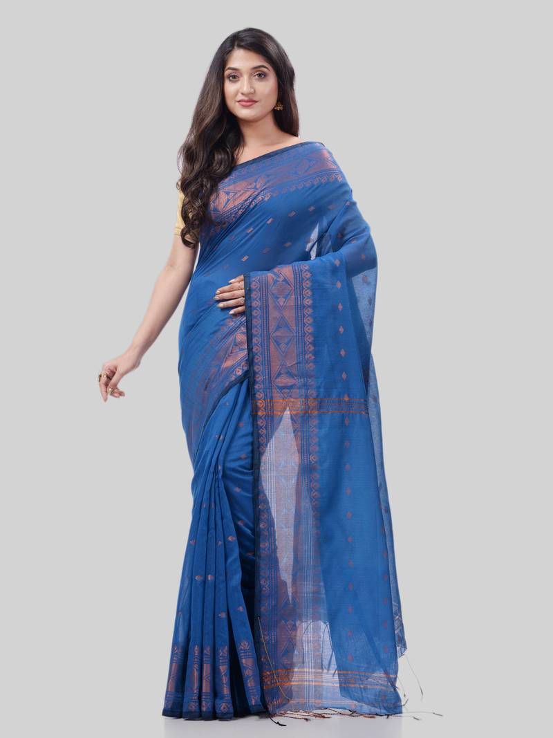 Women`S Bengal Cotton Silk Pure Handloom Saree Kohinoor Work With Blouse Piece(Blue)