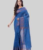 Women`S Bengal Cotton Silk Pure Handloom Saree Kohinoor Work With Blouse Piece(Blue)