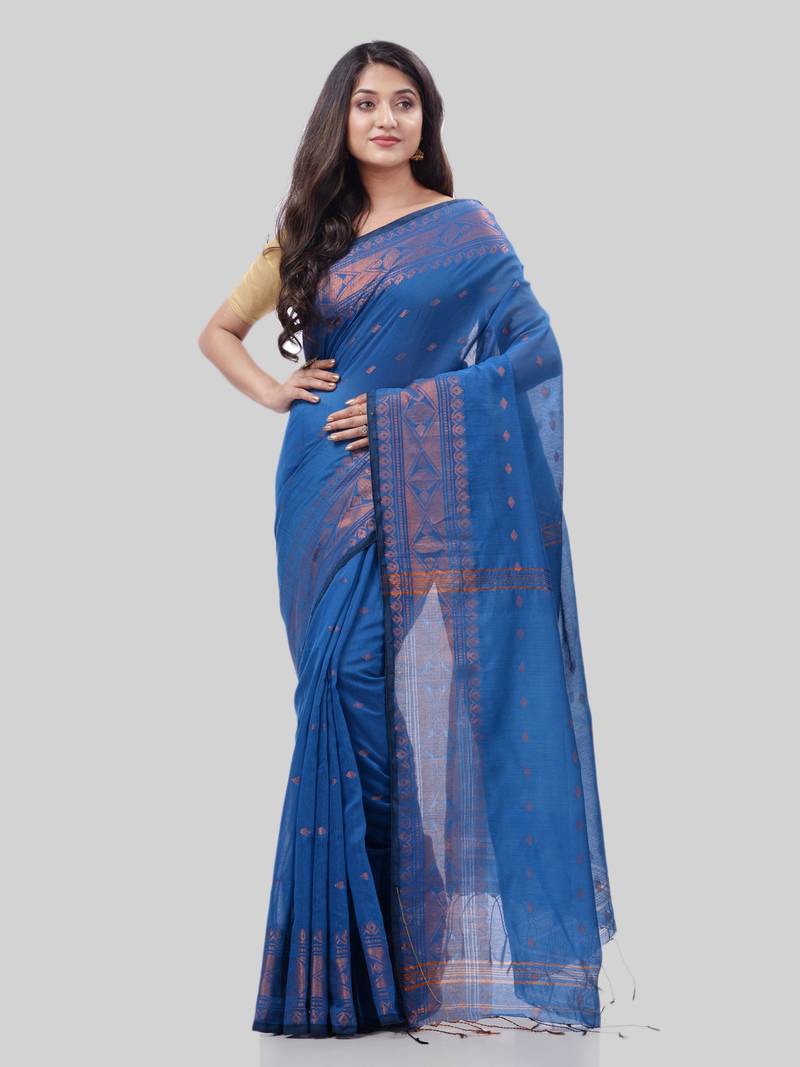 Women`S Bengal Cotton Silk Pure Handloom Saree Kohinoor Work With Blouse Piece(Blue)