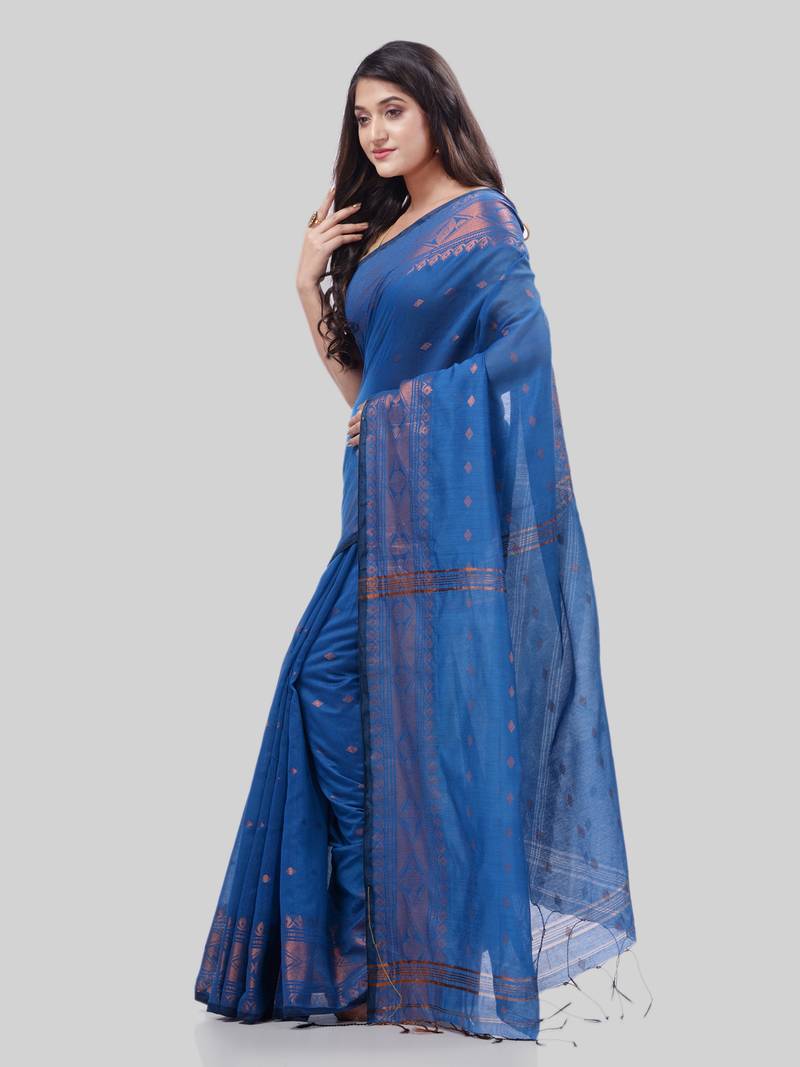 Women`S Bengal Cotton Silk Pure Handloom Saree Kohinoor Work With Blouse Piece(Blue)