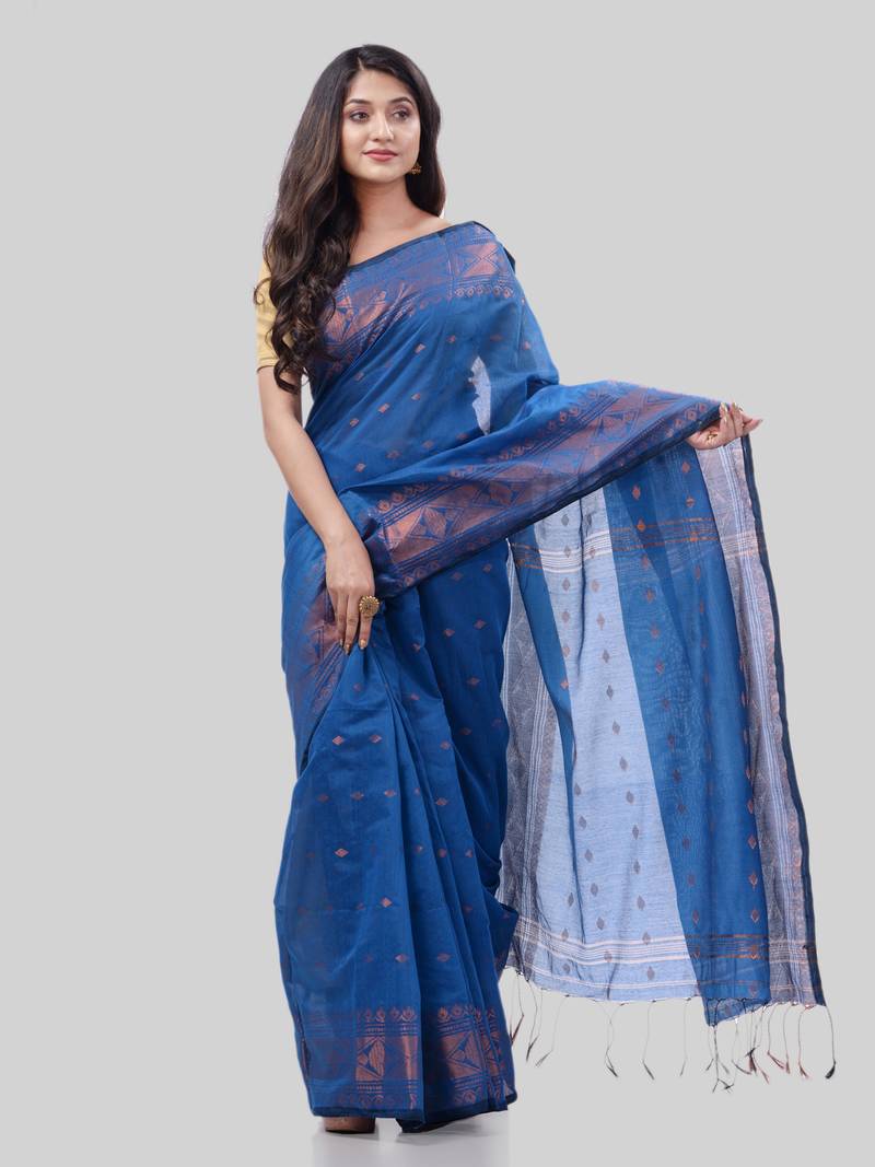 Women`S Bengal Cotton Silk Pure Handloom Saree Kohinoor Work With Blouse Piece(Blue)