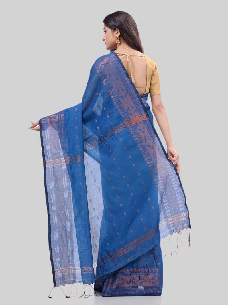 Women`S Bengal Cotton Silk Pure Handloom Saree Kohinoor Work With Blouse Piece(Blue)