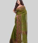 Women`S Cotton Handloom Cotton Silk Saree Gulab Work With Blouse Piece(Green)