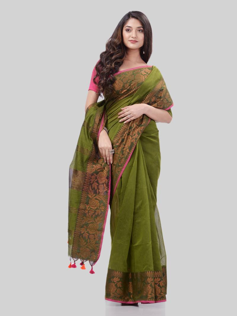 Women`S Cotton Handloom Cotton Silk Saree Gulab Work With Blouse Piece(Green)