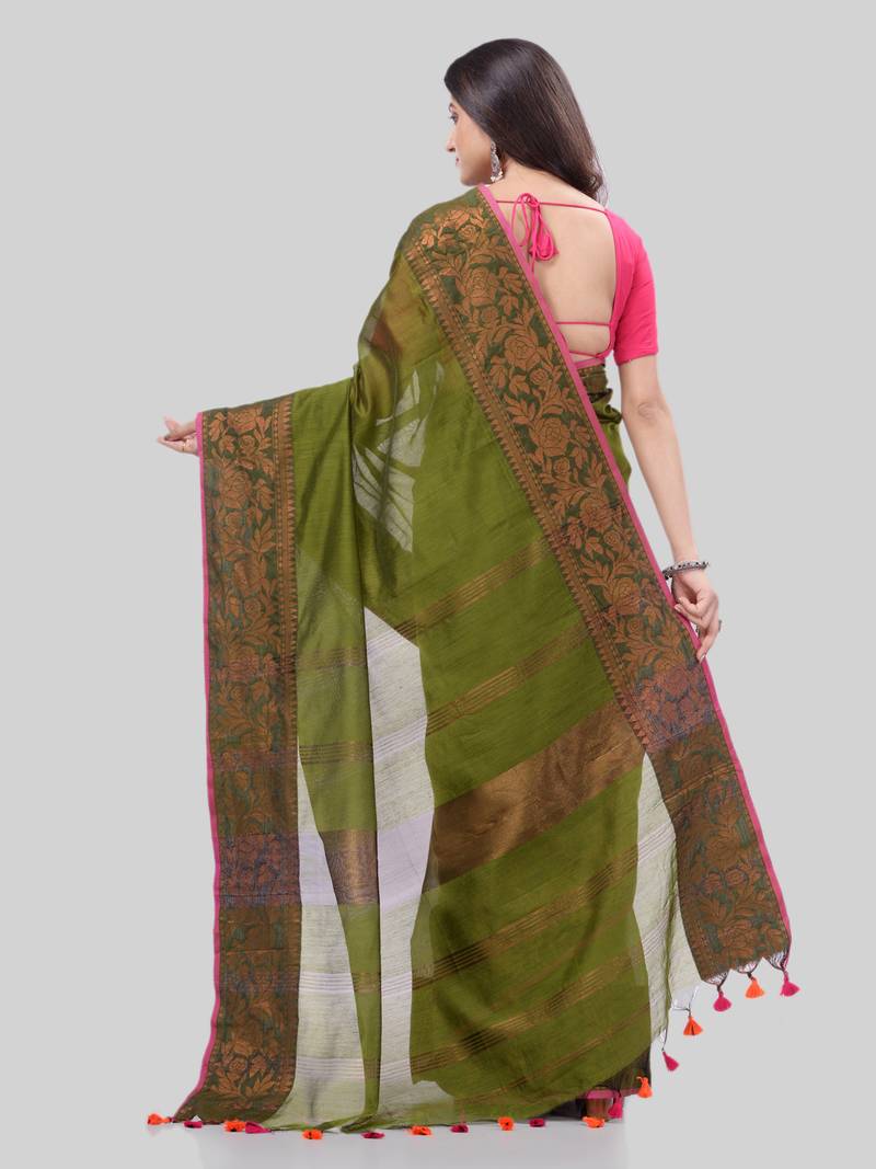 Women`S Cotton Handloom Cotton Silk Saree Gulab Work With Blouse Piece(Green)