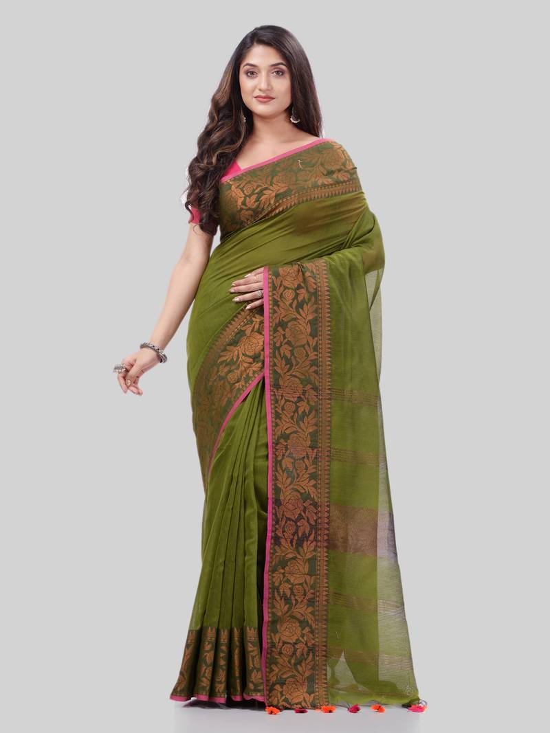 Women`S Cotton Handloom Cotton Silk Saree Gulab Work With Blouse Piece(Green)