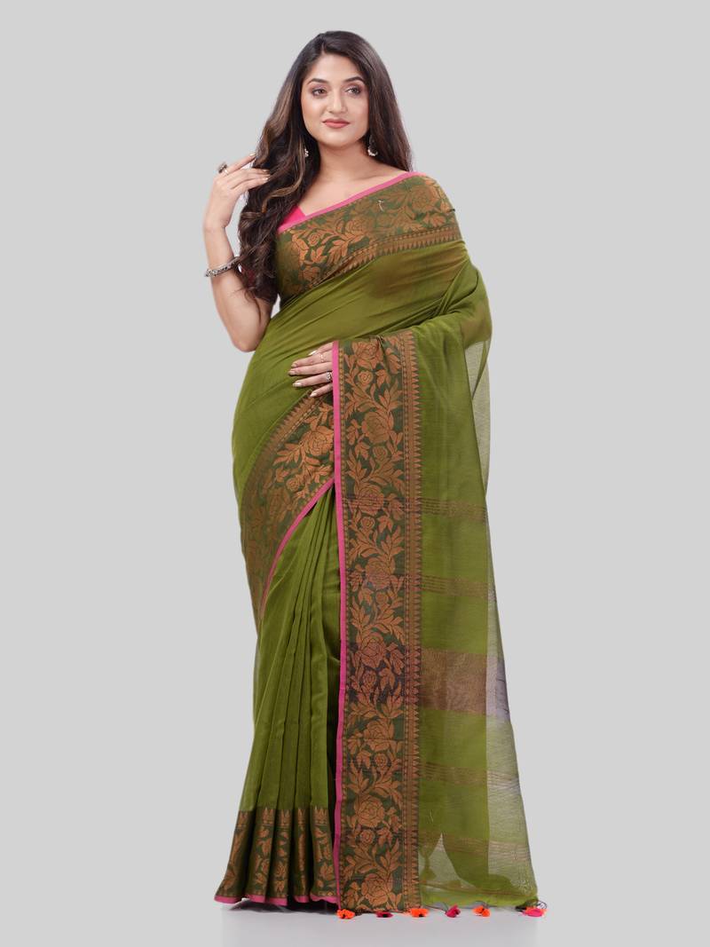 Women`S Cotton Handloom Cotton Silk Saree Gulab Work With Blouse Piece(Green)