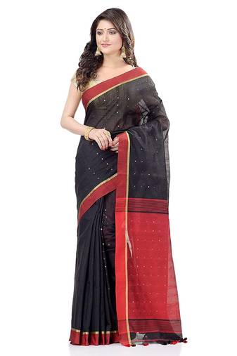 Women`S Tant Silk Handloom Black Cotton Saree Sequence Work