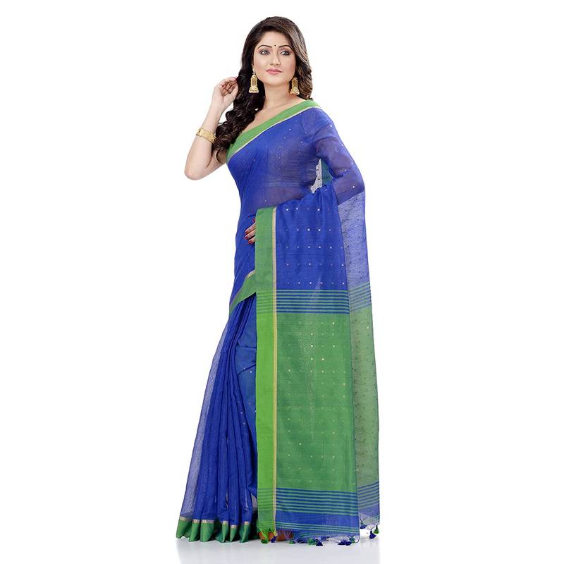 Women`S Tant Silk Handloom Royel Blue Cotton Saree Sequence Work