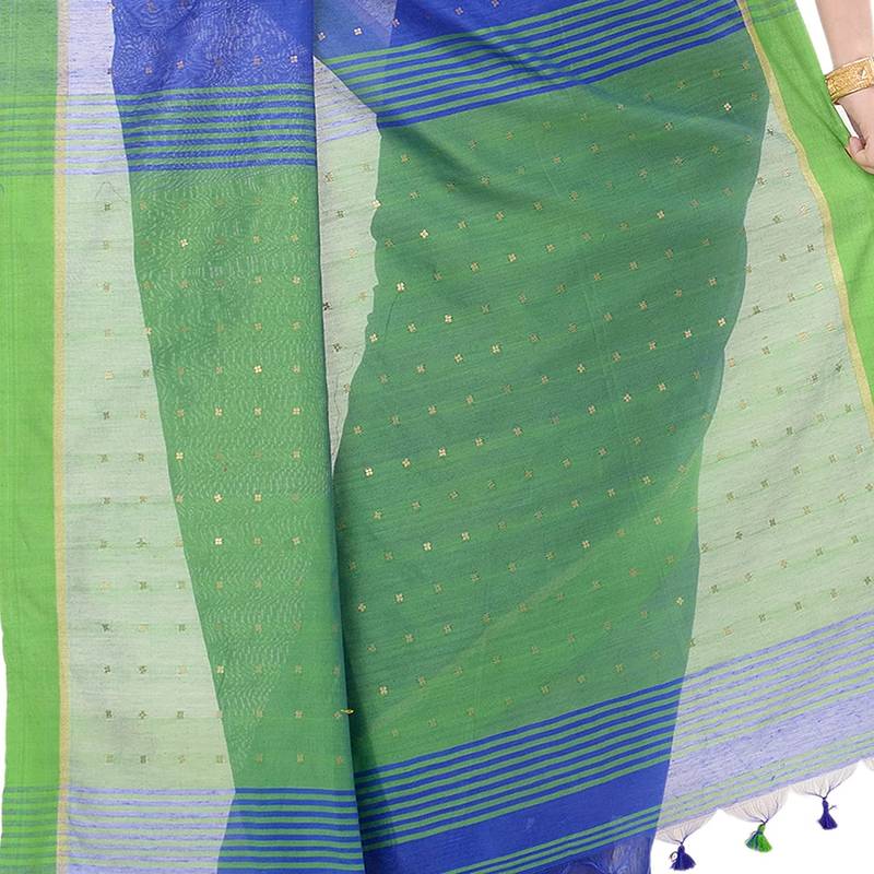 Women`S Tant Silk Handloom Royel Blue Cotton Saree Sequence Work