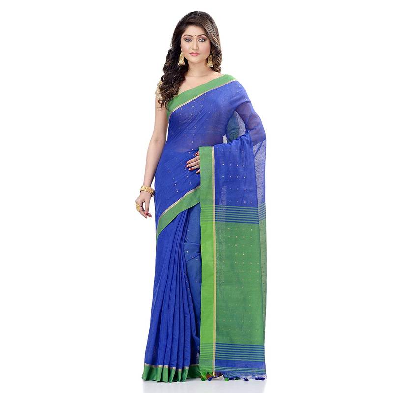 Women`S Tant Silk Handloom Royel Blue Cotton Saree Sequence Work