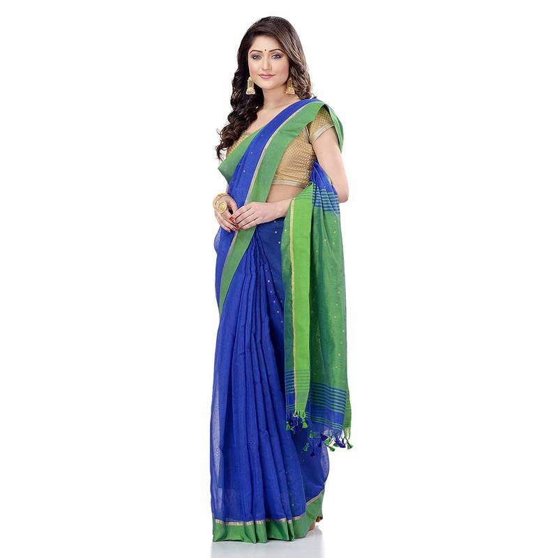Women`S Tant Silk Handloom Royel Blue Cotton Saree Sequence Work