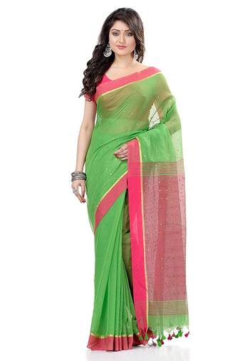 Women`S Tant Silk Handloom Green Cotton Saree Sequence Work