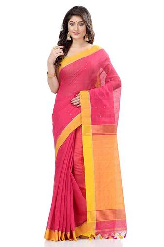 Women`S Tant Silk Handloom Pink Cotton Saree Sequence Work