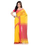 Women`S Tant Silk Handloom Yellow Cotton Saree Sequence Work