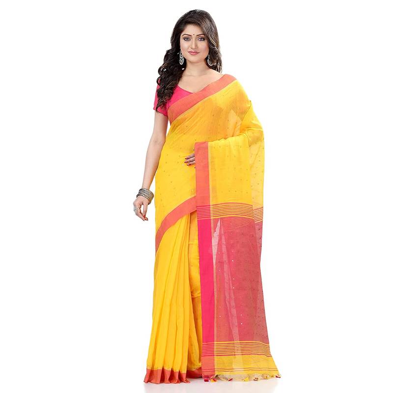 Women`S Tant Silk Handloom Yellow Cotton Saree Sequence Work