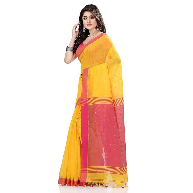 Women`S Tant Silk Handloom Yellow Cotton Saree Sequence Work