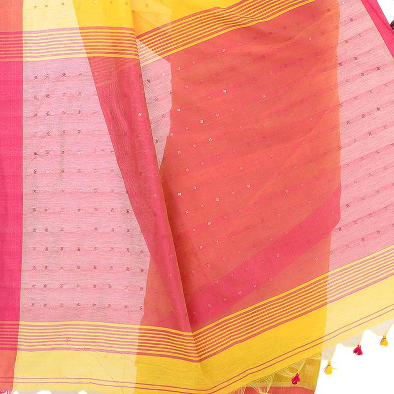 Women`S Tant Silk Handloom Yellow Cotton Saree Sequence Work