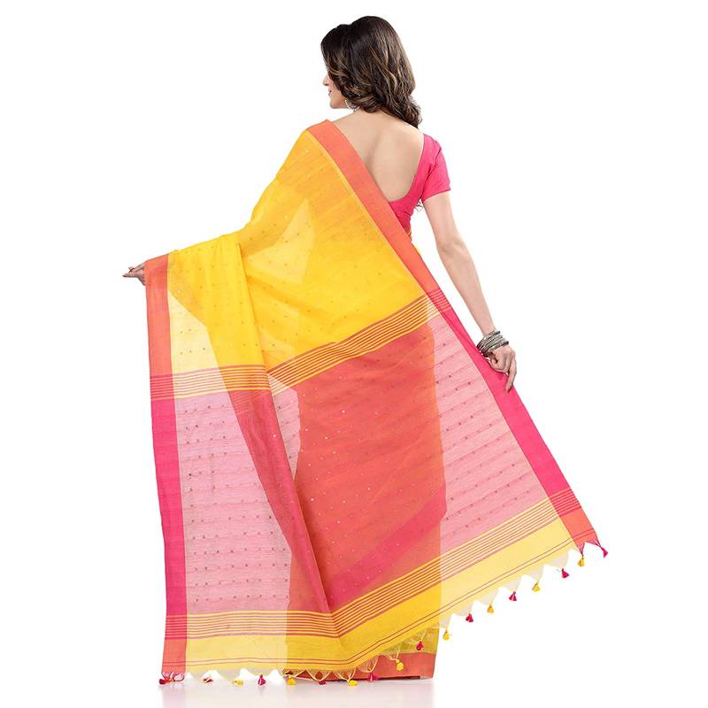 Women`S Tant Silk Handloom Yellow Cotton Saree Sequence Work