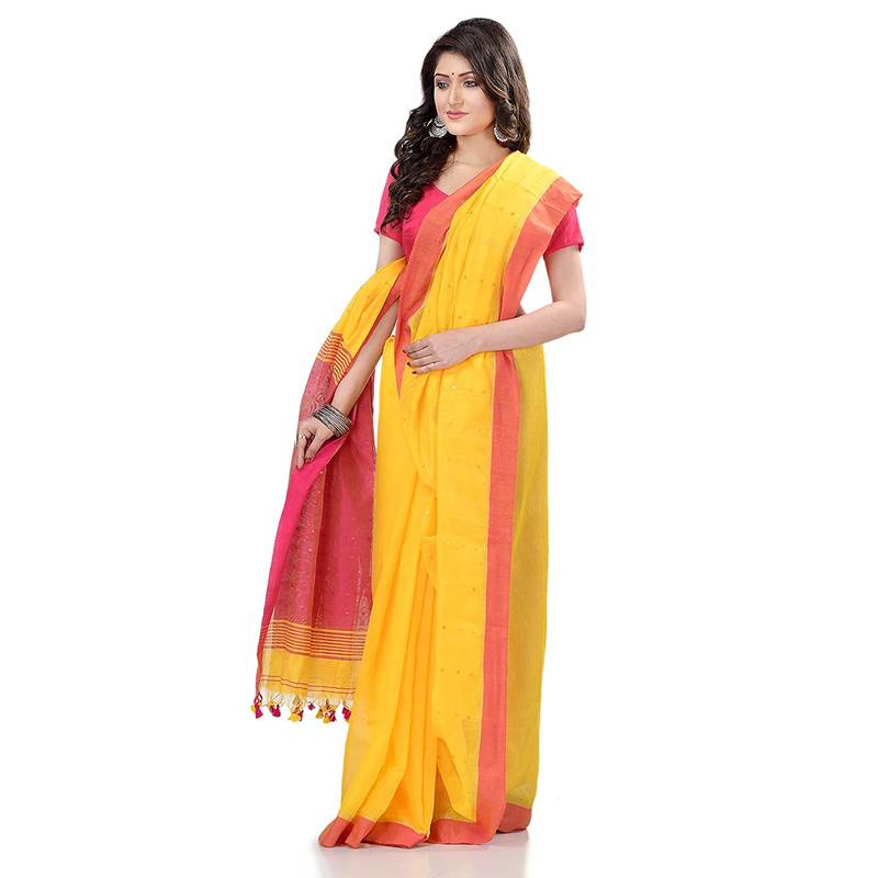 Women`S Tant Silk Handloom Yellow Cotton Saree Sequence Work