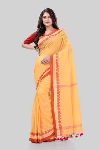 Women`S Traditional Bengali Tant Handloom Yellow Cotton Saree