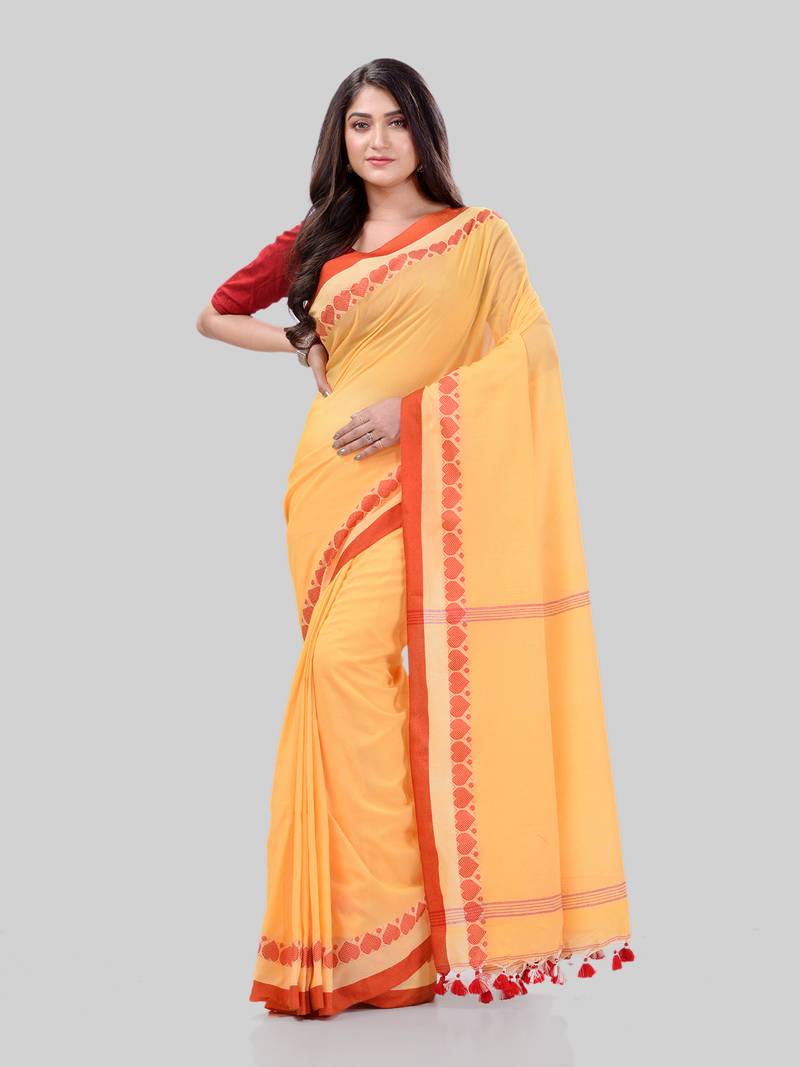 Women`S Traditional Bengali Tant Handloom Yellow Cotton Saree