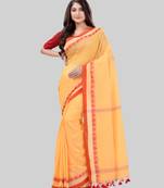 Women`S Traditional Bengali Tant Handloom Yellow Cotton Saree