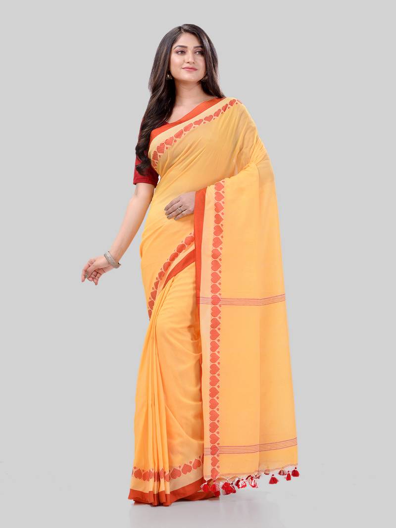 Women`S Traditional Bengali Tant Handloom Yellow Cotton Saree