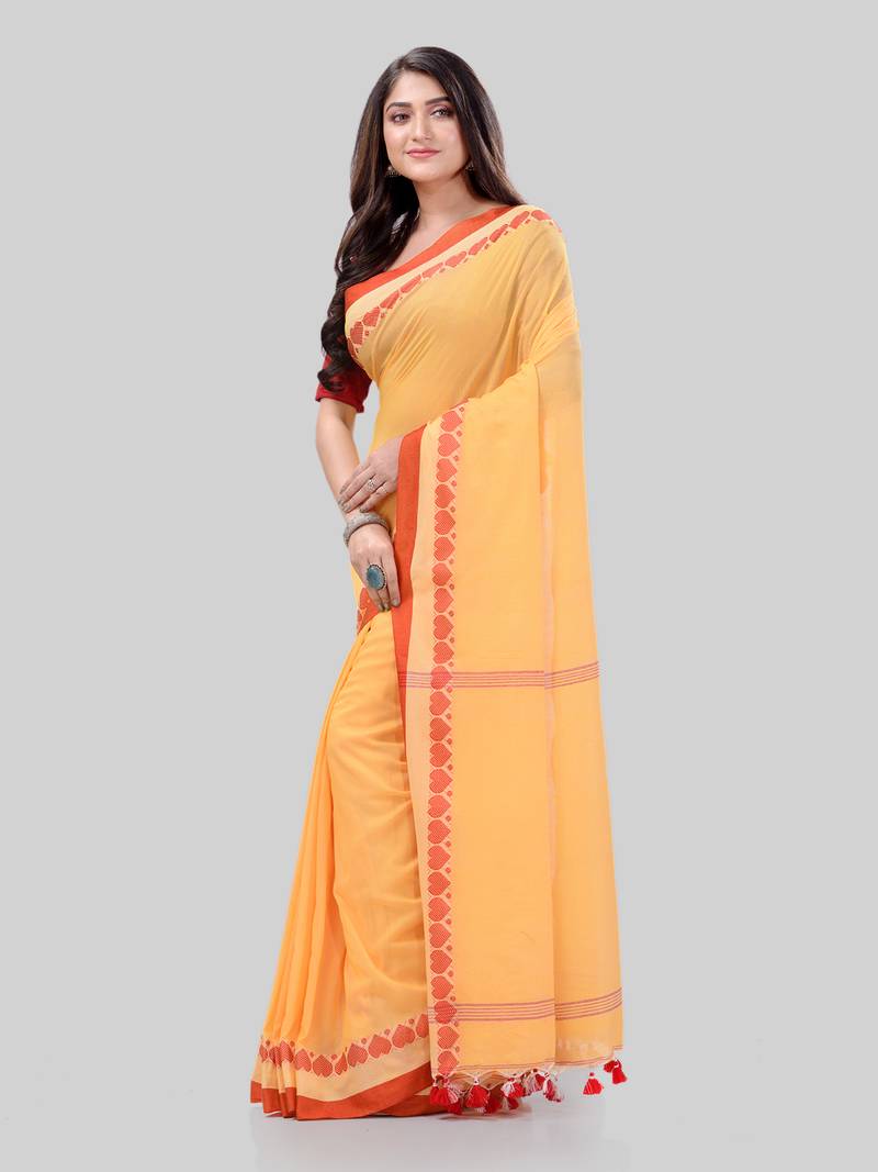 Women`S Traditional Bengali Tant Handloom Yellow Cotton Saree