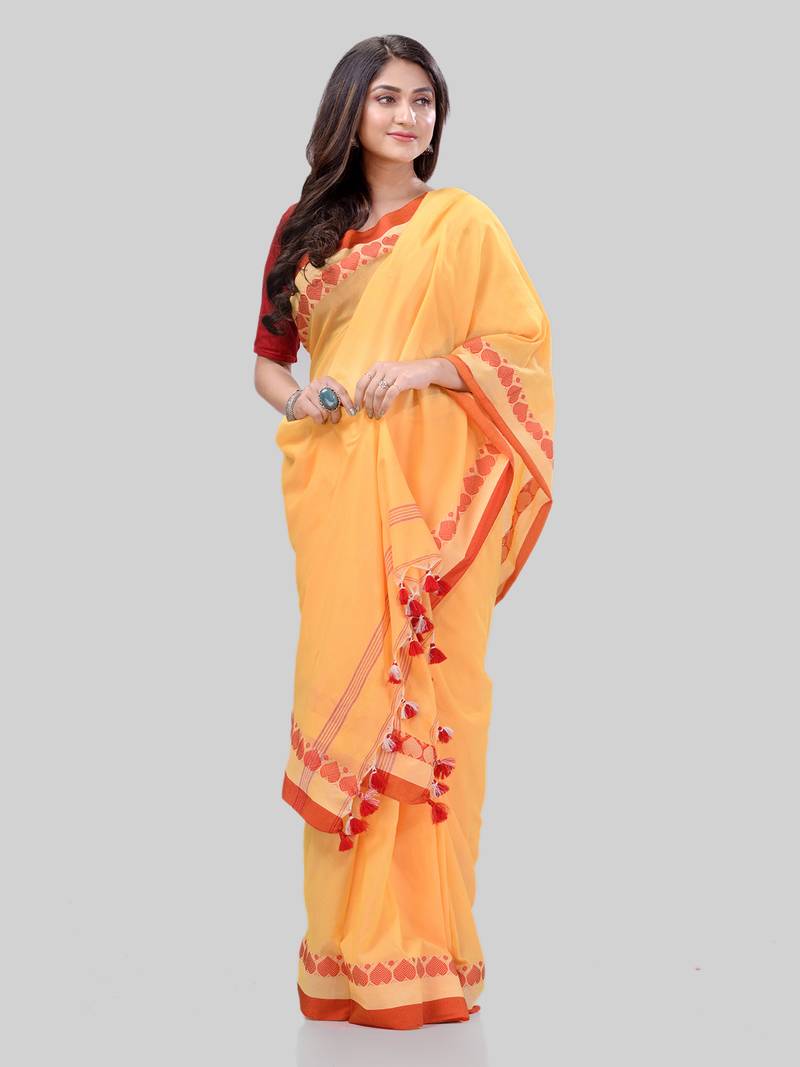 Women`S Traditional Bengali Tant Handloom Yellow Cotton Saree