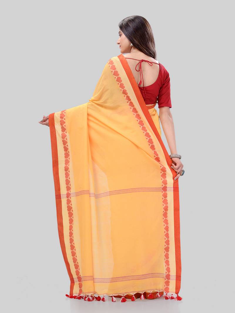 Women`S Traditional Bengali Tant Handloom Yellow Cotton Saree