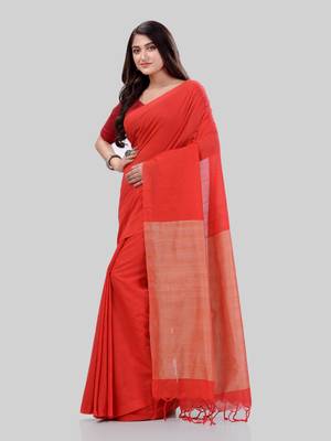 Women`S Khadi Cotton Red Handloom RupSagar Design Saree 3