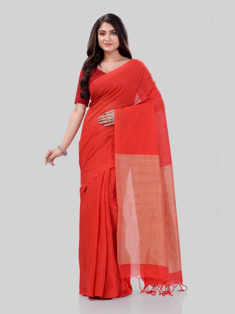 Women`S Khadi Cotton Red Handloom RupSagar Design Saree