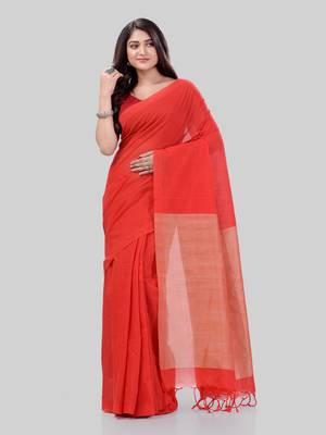 Women`S Khadi Cotton Red Handloom RupSagar Design Saree 5
