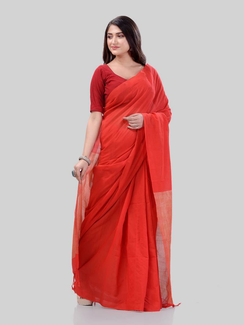 Women`S Khadi Cotton Red Handloom RupSagar Design Saree