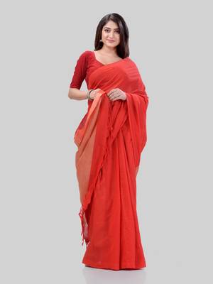 Women`S Khadi Cotton Red Handloom RupSagar Design Saree 7