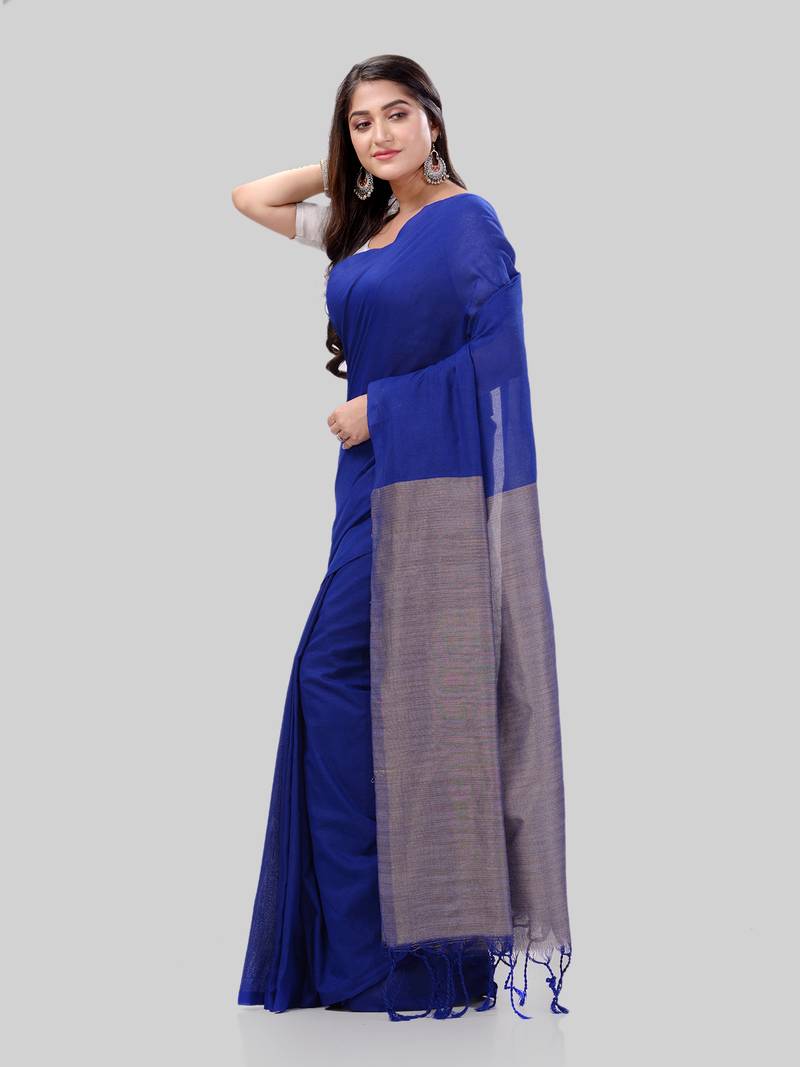 Women`S Khadi Cotton Royel Blue Handloom RupSagar Design Saree