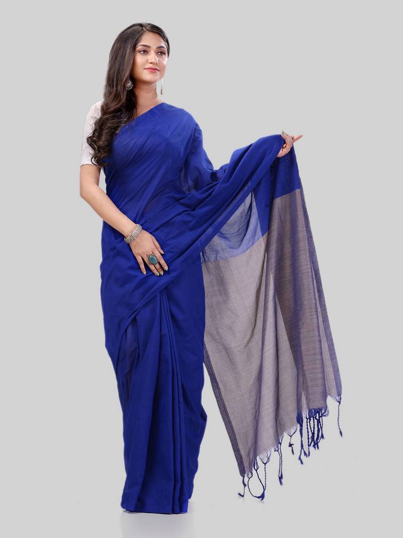 Women`S Khadi Cotton Royel Blue Handloom RupSagar Design Saree