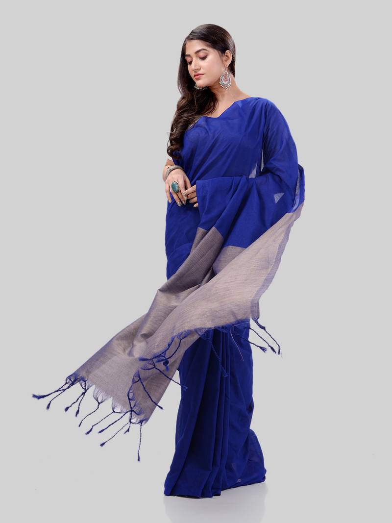 Women`S Khadi Cotton Royel Blue Handloom RupSagar Design Saree