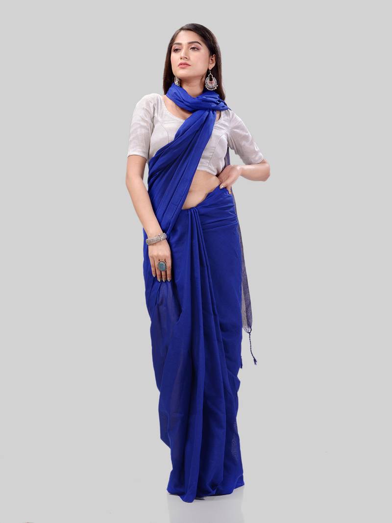 Women`S Khadi Cotton Royel Blue Handloom RupSagar Design Saree
