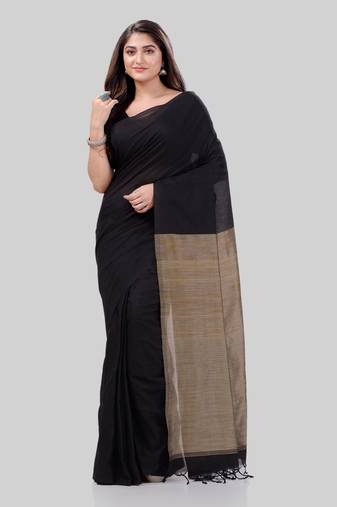 Women`S Khadi Cotton Black Handloom RupSagar Design Saree
