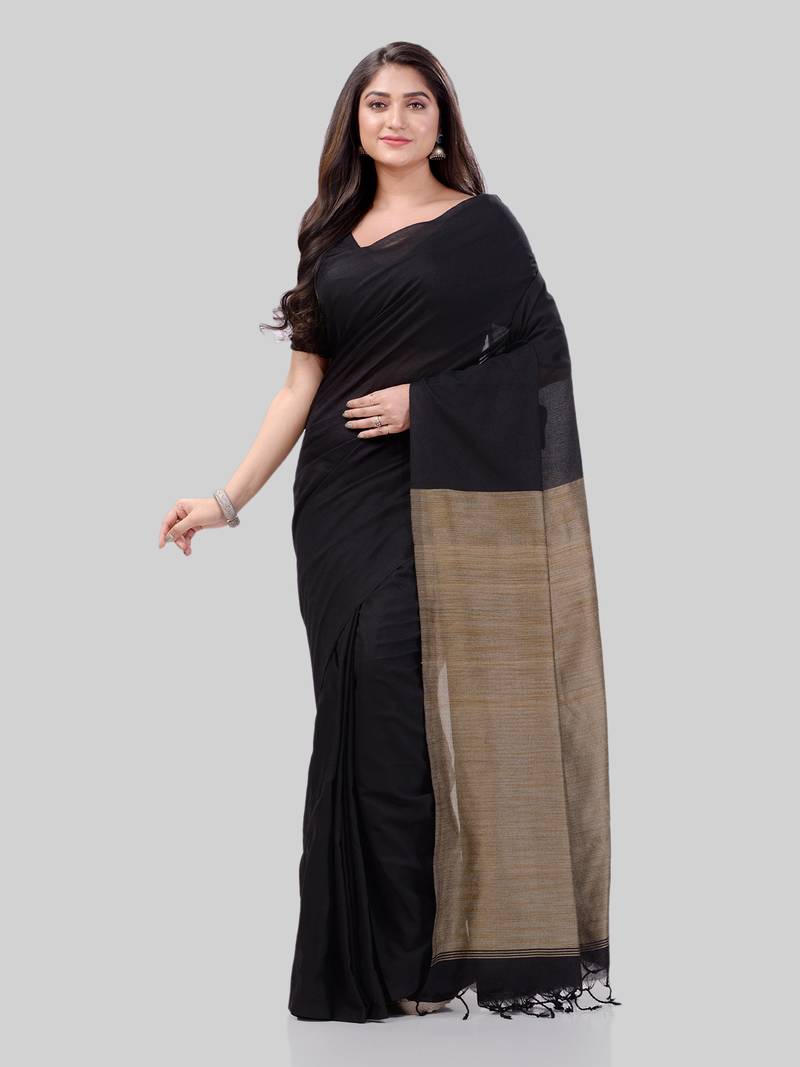 Women`S Khadi Cotton Black Handloom RupSagar Design Saree