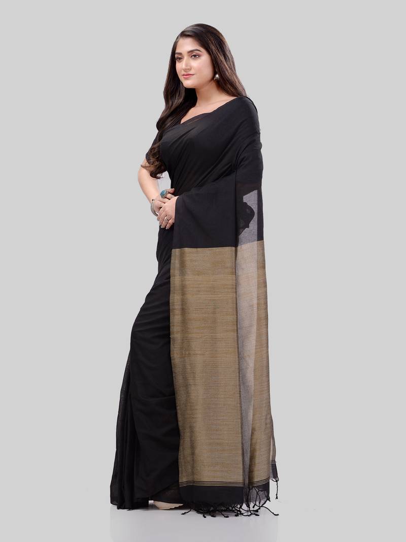 Women`S Khadi Cotton Black Handloom RupSagar Design Saree
