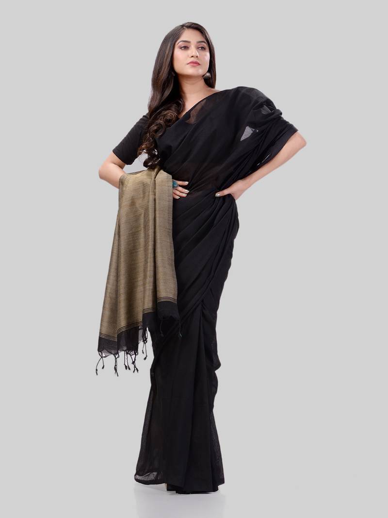 Women`S Khadi Cotton Black Handloom RupSagar Design Saree