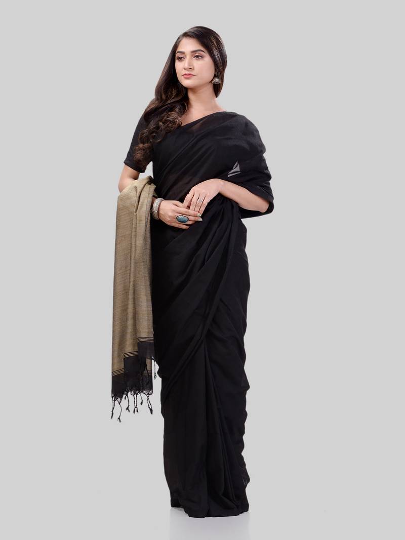 Women`S Khadi Cotton Black Handloom RupSagar Design Saree