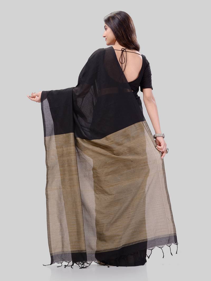 Women`S Khadi Cotton Black Handloom RupSagar Design Saree