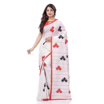 Women`S Bengali Khesh Pure Cotton Handloom Saree Tri Flower Designed With Blouse Piece (White Red Black) 1