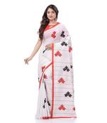 Women`S Bengali Khesh Pure Cotton Handloom Saree Tri Flower Designed With Blouse Piece (White Red Black)